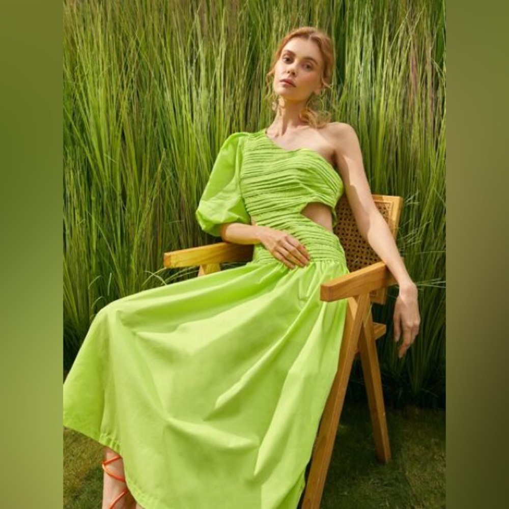 Green One Shoulder Puff Sleeve Cut-Out Midi Dress